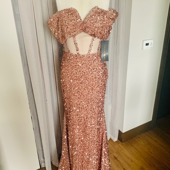Strapless Sequin & Mesh Gown - Picture 1 of 3